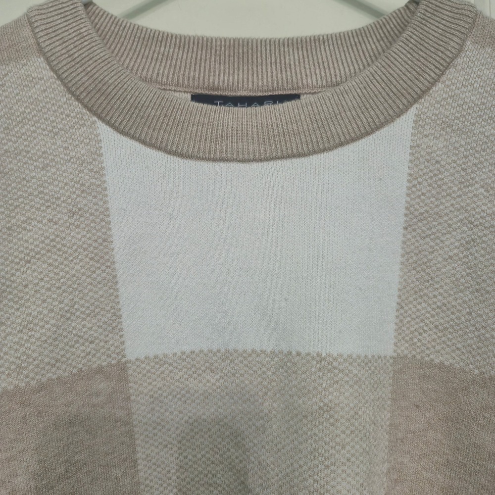Tahari Tan White Plaid Crewneck Sweater Womens‎ Small Buffalo Check Knit Top